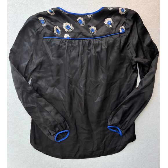 Rebecca Taylor blouse Women's 2 Black Cobalt Starflower Floral Silk Boho Peasant - Picture 3 of 8